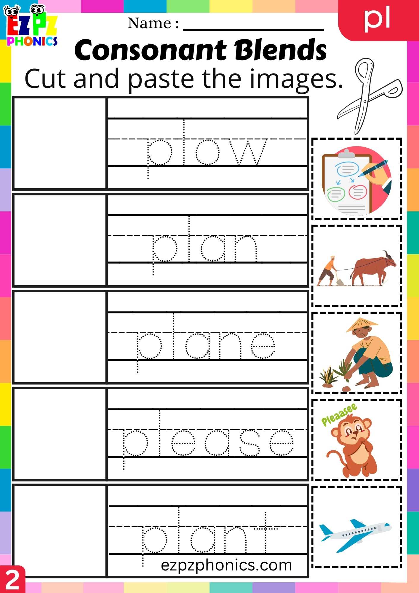 Group2 PL Words Cut And Paste The Images Phonics Consonant Blends Worksheet